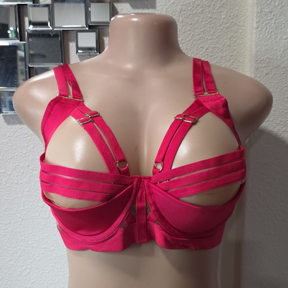 Honey Birdette Linda Raspberry Pink Strappy Mesh Semi-Sheer Underwired Bra 36DD
